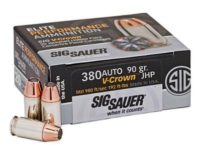 Sig Sauer Elite Performance 380 ACP 90 Grain V-Crown Jacketed Hollow Point 20 Rounds - $14.99