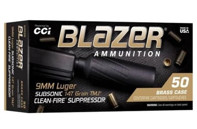 CCI Blazer Brass Clean Fire Suppressor 9mm Luger Subsonic Ammo 147gr TMJ-FN 50 Rounds - $14.49