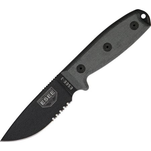 ESEE Knives 3SMMB Model 3 Part Serrated Fixed Blade Knife with Black Linen Micarta Handles 000000169585