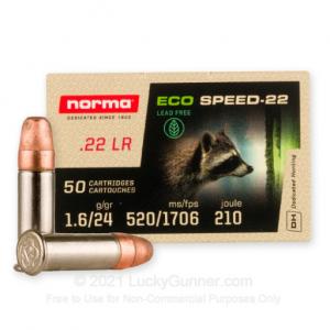 22 LR - 24 Grain Lead-Free Solid Point - Norma ECO Speed-22 - 50 Rounds 000294140389