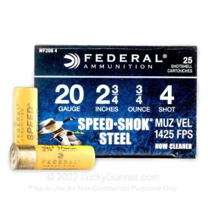 20 Gauge - 2-3/4" 3/4 oz. #4 Steel Shot - Federal Speed-Shok - 250 Rounds 0029465027921