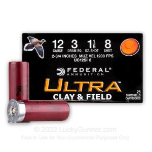12 ga - 2-3/4" Lead Shot Target Load - 1-1/8 oz - #8 - Federal Ultra Clay & Field - 250 Rounds 0029465028805