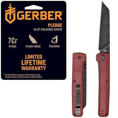 Gerber Gear Pledge Pocket Knife with Pocket Clip - 3.7" Full Panel Plain Edge Blade Folding Knife - EDC Gear and Equipment - Drab Red 1067528