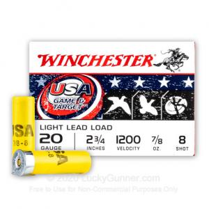 20 Gauge - 2-3/4" 7/8oz. #8 Shot - Winchester USA Game & Target - 250 Rounds 020892024298