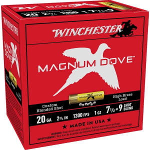 Winchester Magnum Dove High Brass 20 Gauge Ammo 2-3/4" #7-1/2 & #9 Lead Shot 1 oz Box of 25 Free Shipping with $99 