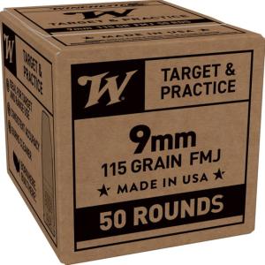 Winchester Target & Practice 9mm Luger 115 Grain Full Metal Jacket FMJ Brass Cased Pistol Ammo, 50 Rounds, SG9W50 020892233270