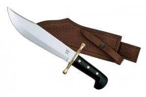 Case Bowie, Mirror Polished Blade, Black Synthetic Handle with Brass Guard and Leather Sheath 00286