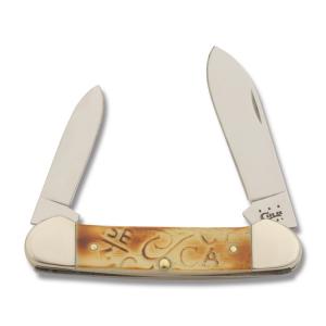 Case Canoe 3.625" with Burnt Oatmeal Carved Bone Handles and Tru-Sharp Surgical Steel Plain Edge Blades Model 31757