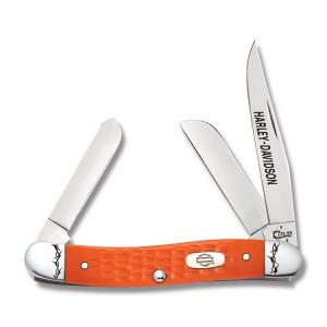 Case Harley Davidson Medium Stockman 3.625” with Jigged Orange Synthetic Handles and Tru Sharp Surgical Steel Plain Edge Blades Model 52185 021205521855