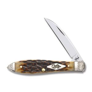Case Worked Bolster Tear Drop 3.625" with Peach Seed Jigged Dark Molasses Bone Handles and Tru-Sharp Surgical Steel Plain Edge Blades Model 53231