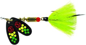 Mepps Double Blade Black Fury In-Line Spinner, 1/4 oz Dressed Treble, Hot Firetiger Dot & Chartreuse Tail, BFD3T HFT2-CH