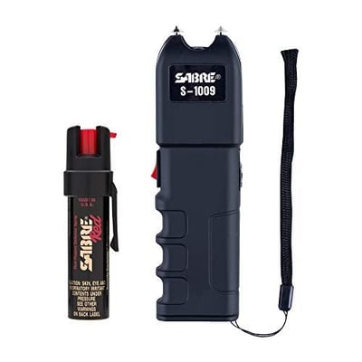 SABRE Pepper Spray & 3-in-1 Stun Gun with Flashlight and Anti-Grab Bar Technology, Self Defense Kit, 35 Bursts, 10 Ft (3 m) Range, 120 Lumens LED Light, Rechargeable Battery (Set of 2) 023063756158