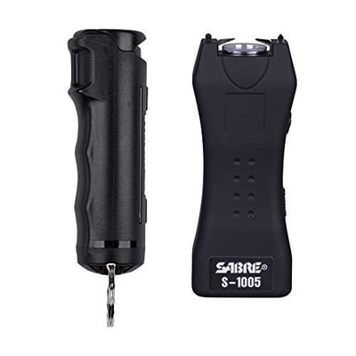 SABRE Pepper Spray & 2-in-1 Stun Gun with Flashlight, Self Defense Kit, Fast Flip Top Safety, Finger Grip for Better & Faster Aim, Painful 1.60 µC Charge, 120 Lumen LED Light, Rechargeable, 0.54 fl oz 023063808581