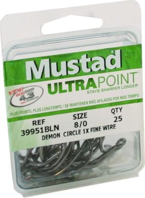 Mustad UltraPoint Demon Tuna Perfect Circle Hook, Needle Point, Wide Gap, Light Wire, Ringed Eye, Black Nickel, Size 8/0, 25 per Pack, 39951NP-BN-8/0-25U