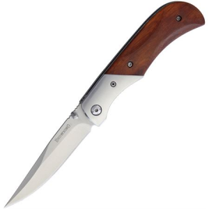 Browning 0028 Linerlock Satin Finish Clip Point Blade Knife with Brown Pakkawood Handle
