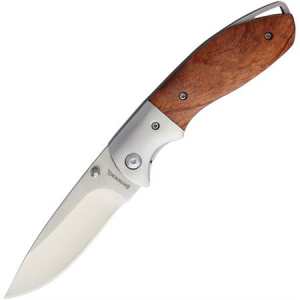 Browning 0033 Linerlock Satin Finish Stainless Drop Point Blade Knife with Brown Wood Handle
