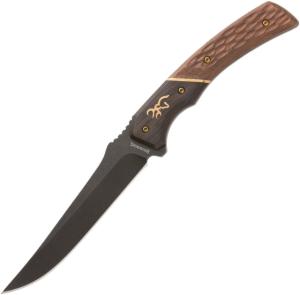 Browning Hunter Fixed Blade Trail Point Knife, 4.5 black stonewash finish 440C stainless trailin, Two-tone finish sculpted wood handle, 3220394B