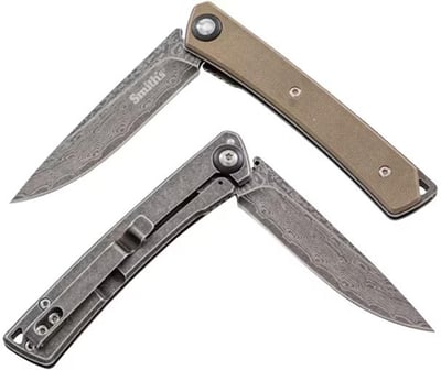 Smith's Ecesis 4 Pocket Knife 3" Drop Point 3Cr13 Damascus Blade G-10/Stainless Steel Handle Black/Tan SP-61394