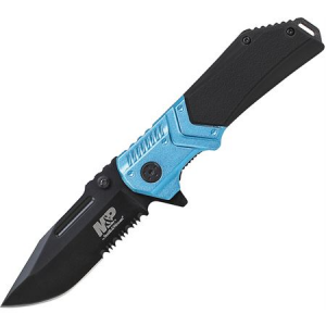 Smith & Wesson MP12BLS M&P Partially Serrated Drop Point Blade Linerlock Folding Pocket Knife with Blue and Black Handle