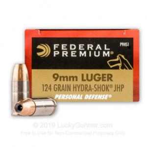 9mm - 124 Grain Hydra-Shok JHP - Federal Premium - 500 Rounds P9HS1
