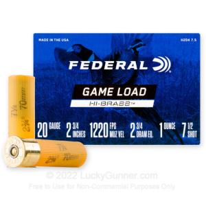 20 Gauge - 2-3/4" 1oz. #7.5 Shot - Federal Game Load Upland Hi-Brass - 250 Rounds H204 7.5