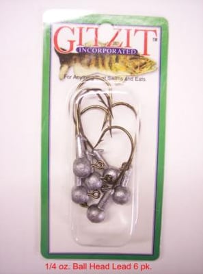 Gitzit Ball Head Lead Jig Head, 1/4 oz, 1/0 Hook, Not Painted 6/Pack, 74014 037069740141