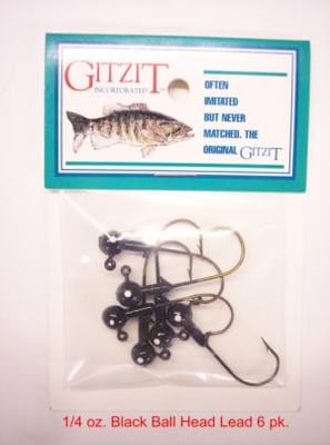 Gitzit Ball Head Lead Jig Head, 1/4 oz, 1/0 Hook, Black 6/Pack, 74214 037069742145