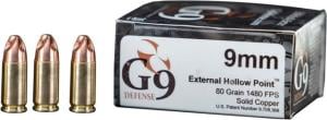 G9 Defense 9mm 80 Grain External Hollow Point Cooper Pistol Ammo, 20 Rounds, 40232683435 40232683435