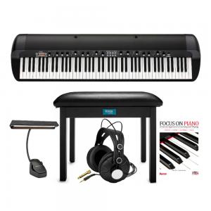Korg SV2 88-Key Stage Vintage Piano Bundle with Knox Music Light, Headphones, Flip-Top Bench and Focus Book/CD