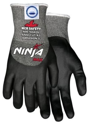 MCR Safety Cut Pro Ninja Max Cut Resistant Work Gloves, Bi-Polymer Coated Palm, Fingertips, and Over the Knuckles, Black/Gray, Large, N9676GKDL N9676GKDL