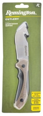 Remington Sportsman 8in Skinner Fixed Knife, w/Gut Hook Tan/Black w/Sheath, 15676