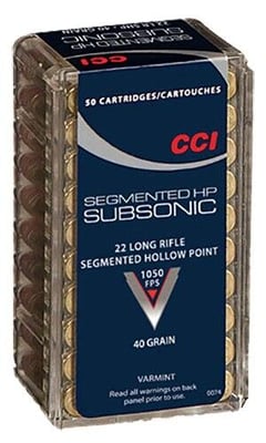CCI 0074 Varmint  22 Long Rifle (LR) 40 GR SubSonic Segmented Hollow Point 50 Bx/ 100 Cs