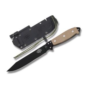 Utica Cutlery Co UTK Survival Series Fixed Blade with Desert Sand Canvas Micarta Handles and Black Powder Coated 1095 Carbon Steel 7” Clip Point Plain Edge Blades Model 11-UTKB6TH 076771885696