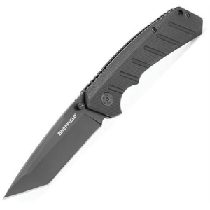 J. Adams Sheffield England 12161 Mobile Linerlock Black Oxide Coated Tanto Point Blade Knife with Black G-10 Handle 076812131300