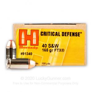 40 S&W - 165 Grain JHP FTX - Hornady Critical Defense - 200 Rounds 91340