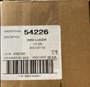 Speer LE 54226 9mm 147gr Gold Dot G2 1,000 round case