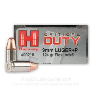 9mm Luger - +P 124 Grain JHP - Hornady Critical Duty - 250 Rounds 90216