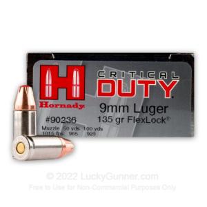 9mm - 135 Grain FlexLock JHP - Hornady Critical Duty - 250 Rounds 90236