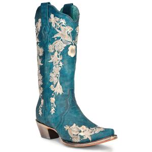 CORRAL Womens Blue Studs Floral Crystals Boots A4361 A4361-M-8.5