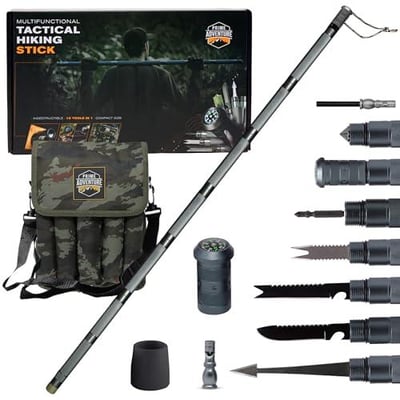 Prime Adventure 15-in-1 Tactical Survival Walking Stick & Hiking Staff Collapsible Multitool 8 Tubes, Premium Build