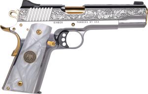 KIMBER CNCPATRIA Kimber 1911 Patria 38 Super Gold Plated PVD Barrel, Polished Stainless Steel Engraved/Serrated Slide, Stainless w/Gold Accents Frame, Pearl Grip 