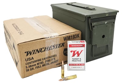 Winchester Ammo USA 5.56x45mm NATO 55 gr M193 Full Metal Jacket Rifle Ammunition 1000 rd w/ Ammo Can Q3131KY 