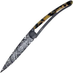 Deejo Linerlock 27g Turtle Poly Folding Knife, 3 black titanium coated Z40C13 stainless blade, Imitation tortoise shell handle, 9GC000201