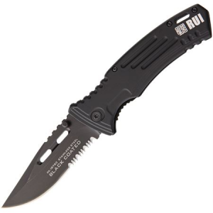 RUI Tactical Knives 19763 Tactical Part Serrated Drop Point Blade Linerlock Folding Pocket Knife with Rubber Coated Handles