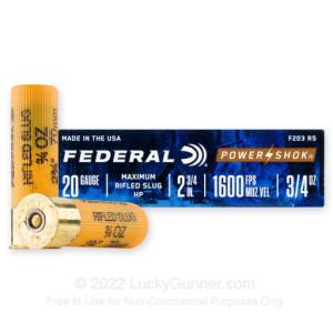 20 Gauge - 2-3/4" 3/4 oz. HP Rifled Slug - Federal Power Shok - 250 Rounds F203 RS