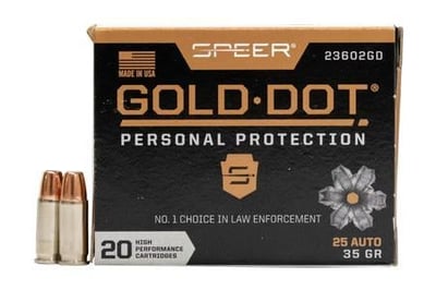 SPEER AMMUNITION 25 Auto 35 gr Gold Dot Handgun Personal Protection Hollow Point 20/Box 604544647174