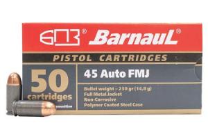 BARNAUL 45 Auto 230 gr FMJ Steel Polycoated Case 50/Box BRN45AUTOFMJ230