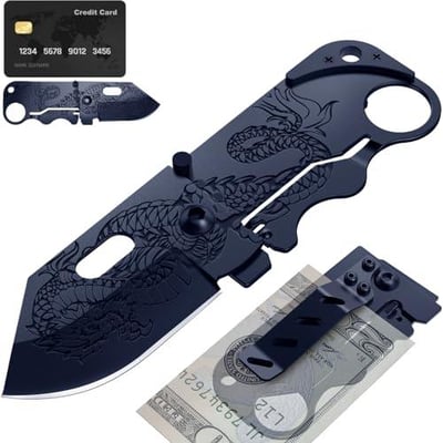 Grand Way Pocket Knife 2.36” Folding with Money Clip Engraved Dragon Blade Credit Card Holder EDC 6682