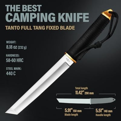 Tanto Knife with Sheath 5.9" Fixed Full Tang Mirror Polished Blade Black Paracord Handle 643845999643