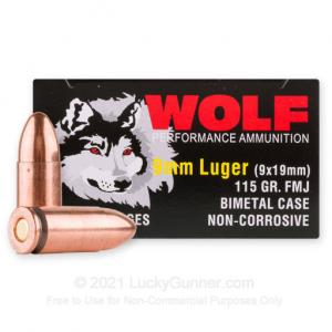 9mm - 115 Grain FMJ - Wolf - 1350 Rounds **STEEL CASES** BIMETAL